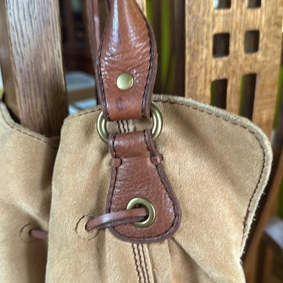 Tan Suede Bucket Bag with Brown Leather Accents - Picture 8 of 9